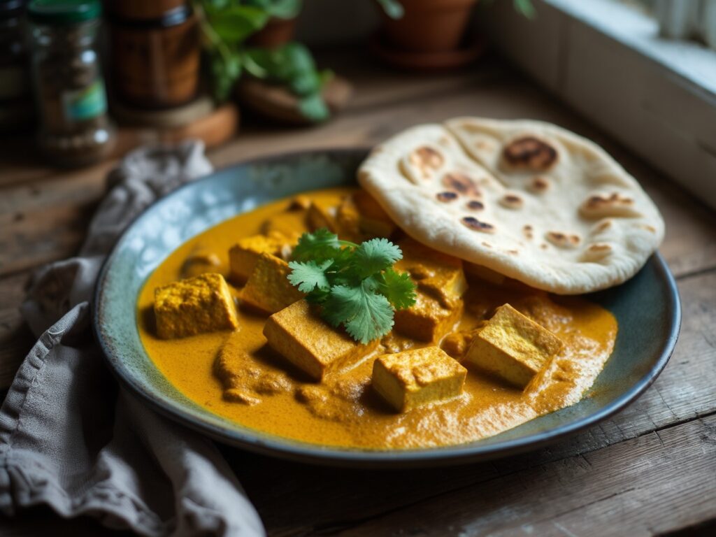 This Creamy Tofu Curry with Homemade Roti is a wholesome and flavorful dish perfect for a comforting meal. The tofu absorbs the rich flavors of the spiced coconut curry, while the fresh, soft roti serves as the perfect accompaniment to scoop up every last bit of this delicious curry.