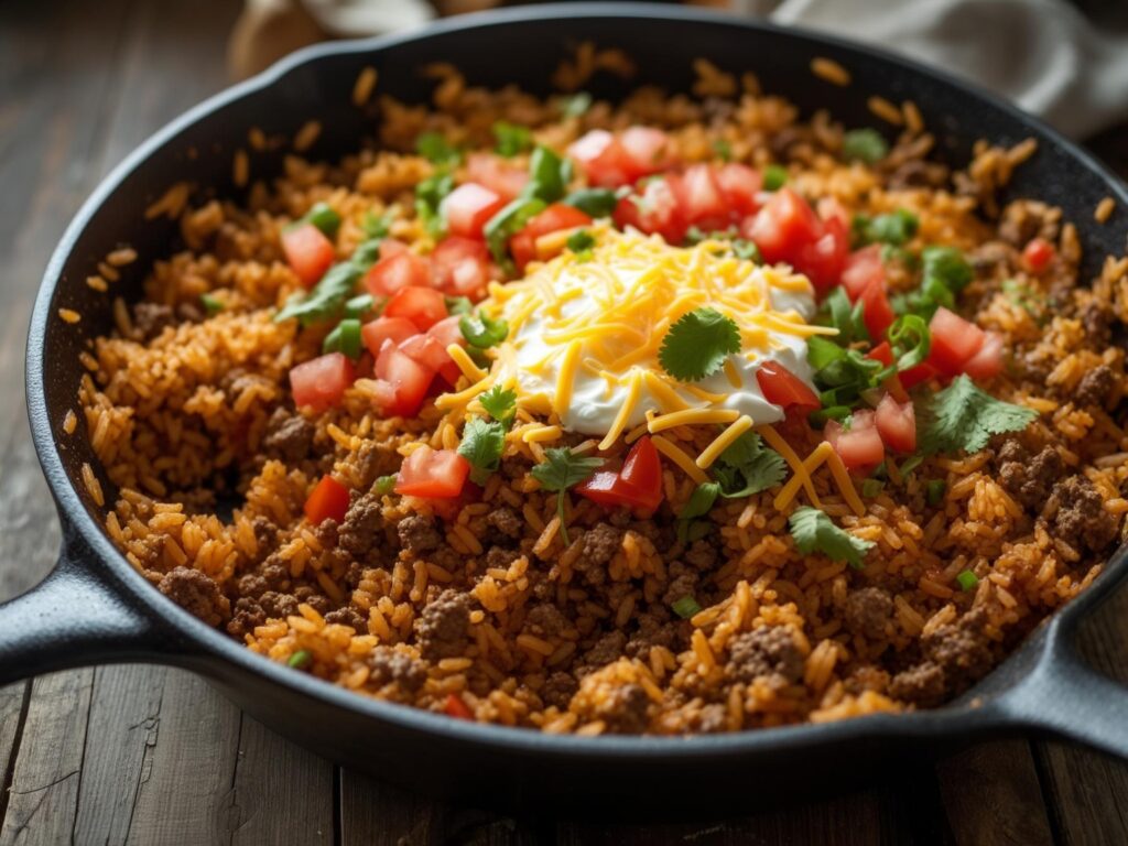 "Discover the ultimate Easy Skillet Taco Rice recipe! A quick, flavorful one-pan meal perfect for busy weeknights. Packed with ground beef, rice, spices, and cheesy goodness, this dish is a family favorite. Ready in 30 minutes!"
