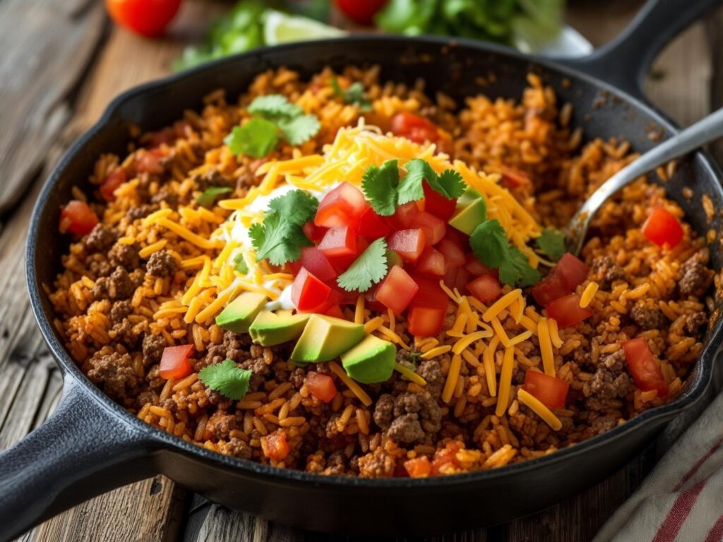 This Easy Skillet Taco Rice recipe is a one-pan wonder, perfect for busy weeknights! Packed with seasoned ground meat, tender rice, and your favorite taco toppings, it's a flavorful and satisfying meal that the whole family will love. Plus, it’s ready in just 30 minutes!